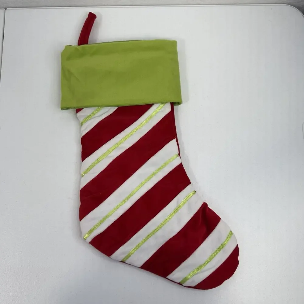 Christmas Stocking Red‎ White Striped Green Cuff Hobby Lobby 2017 Hanging
